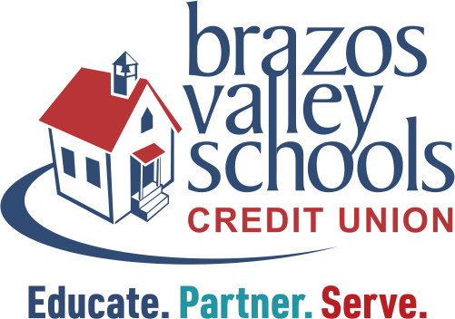 graphic of blue schoolhouse with red roof next to words Brazos Valley Schools Credit Union
